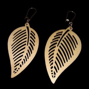 Carved Wood Leaf Earrings Big Lightweight Cut Out Feather Bohemian Big Leaves